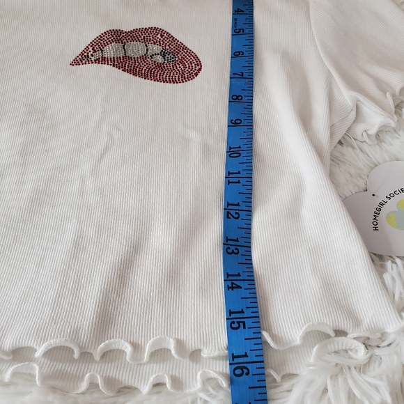 HOMEGIRL Society Baby Tee Rhinestone Lips White Cropped Top - Picture 6 of 7